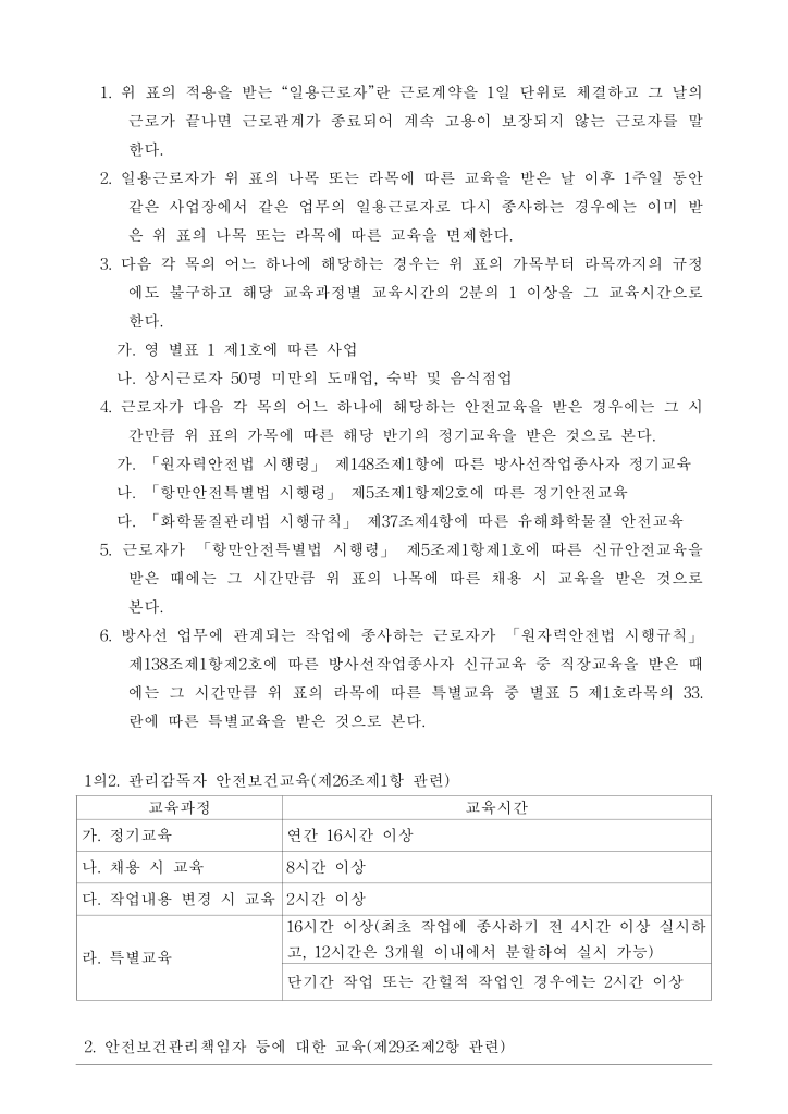 [별표 4] 안전보건교육 교육과정별 교육시간(제26조제1항 등 관련)(산업안전보건법 시행규칙)_2